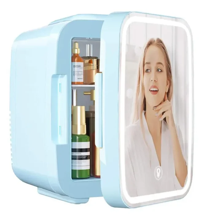 10 in. 4 cu. ft. Retro Dimmable LED Mirror, 4-Liter/6-Cans Cooler and Warmer Mini Refrigerator in Blue