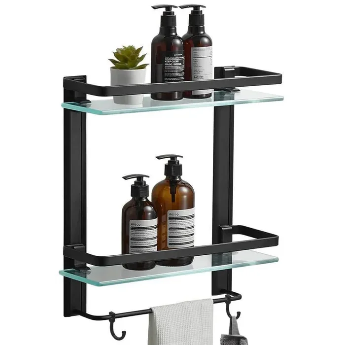 12.2 in. W x 4.8 in. D x 16.14 in. H Black 2 Tier Tempered Glass Shower Shelves with Towel Bar Wall Mounted