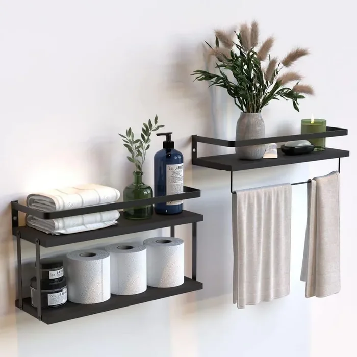 16.14 in. W x 6 in. D x 3 in. H Black 2+1 Tier Bathroom Wall Mounted Floating Shelves with Metal Frame