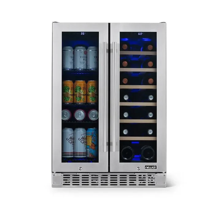 24 in. 18-Bottle and 58-Can Dual Zone Wine and Beverage Cooler in Stainless Steel,Built-in or Freestanding w/French Door