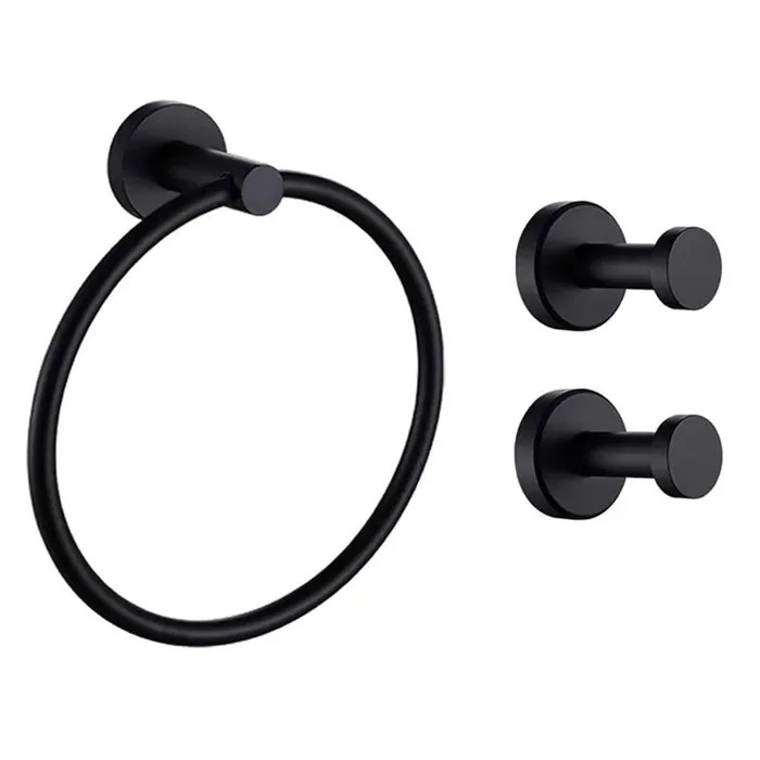 3-Piece Bath Hardware Set with Towel Ring and 2 pcs Towel Hooks in Stainless Steel Matte Black
