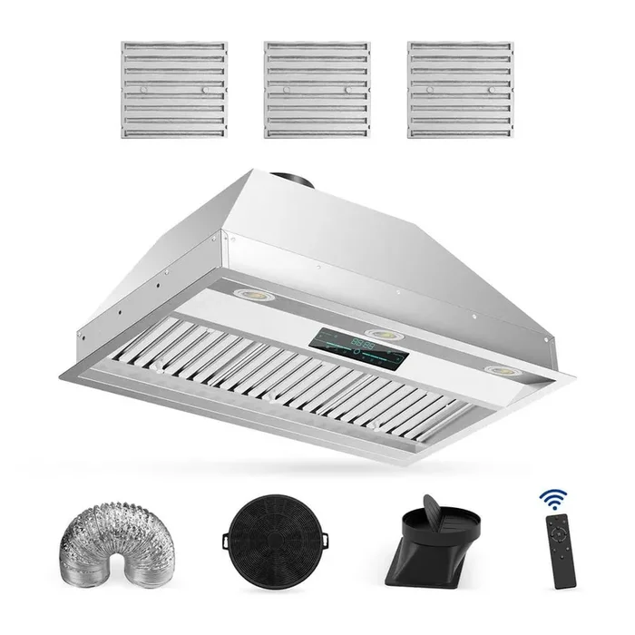 30″ 900 CFM Convertible Ductless to Ducted Insert Range Hood in Stainless Steel with Charcoal Filter and Exhaust Pipe