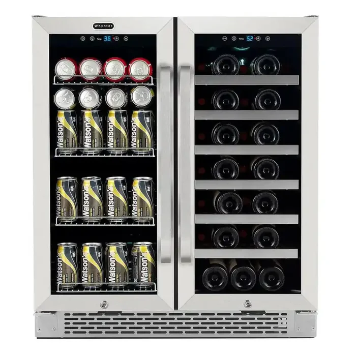30 in. Dual Zone 33-Wine Bottle 112 Can Beverage & Wine Cooler Fridge with French Doors in Stainless Steel