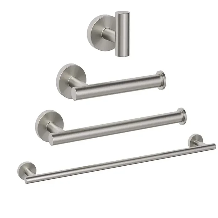 4-Piece Stainless Steel Bath Hardware Set with Towel Bars, Toilet Paper Holder, and Towel Hook in Brushed Nickel