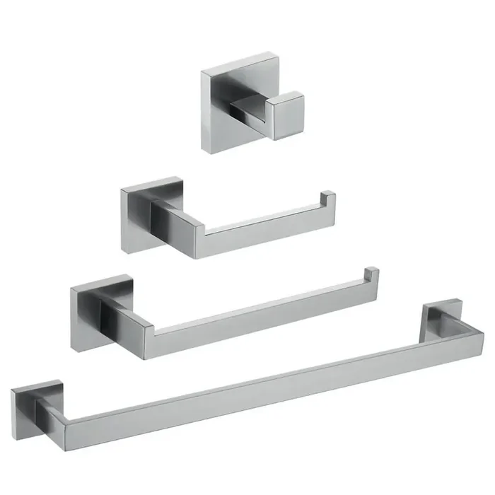 4-Piece Stainless Steel Bath Hardware Set with Towel Bars, Toilet Paper Holder, and Towel Hook in Brushed Nickel