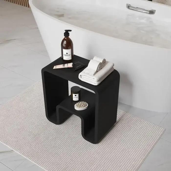9.06 in. W Concave Solid Surface Artistic Shower Stool Free-standing Waterproof Vanity Seat in Matte Black