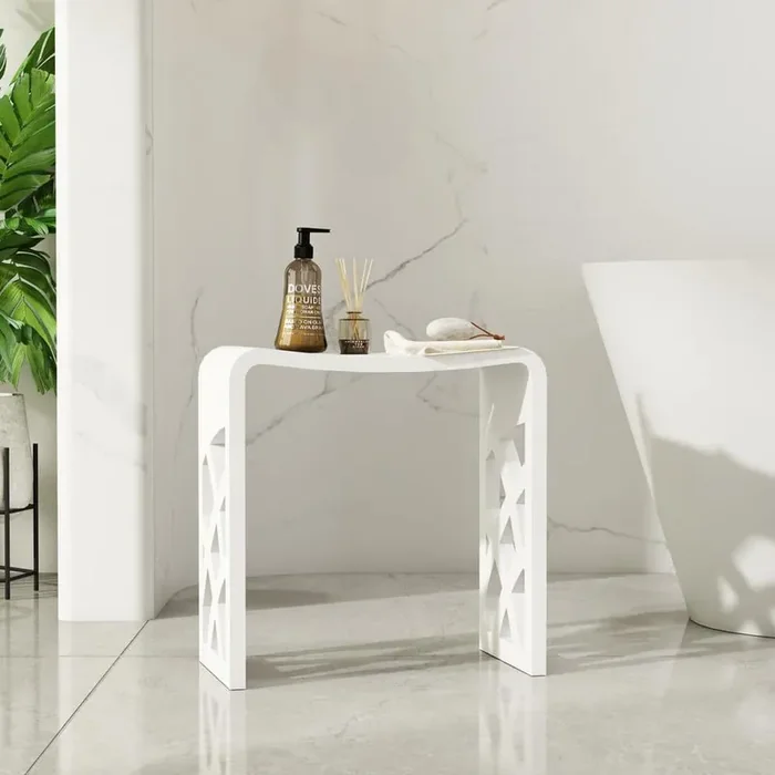 9.06 in. W Solid Surface Artistic Hollowing Out Shower Stool Free-standing Waterproof Vanity Seat in Matte White