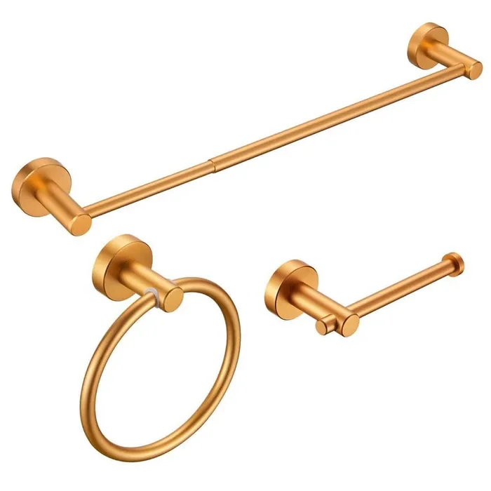 Modern 3-Piece Bath Hardware Set with Retractable Towel Bar*1, Towel Ring*1, Toilet Paper Holder*1 in Gold