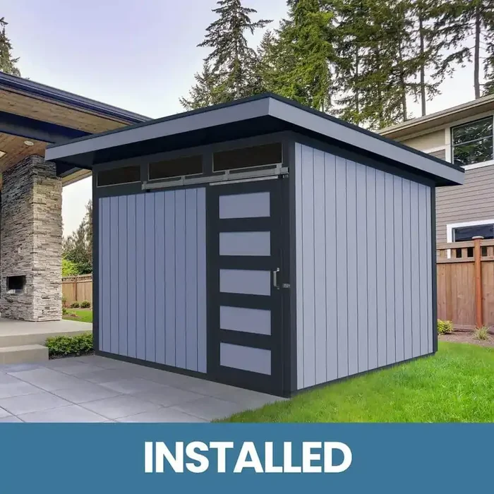 Professionally Assembled Halcyon 8 ft. x 12 ft. Modern Wood Shed with Barn Door and Metal Roof (96 sq. ft.)