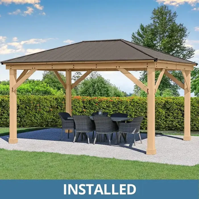 Professionally Assembled Meridian 12 ft. x 16 ft. Premium Cedar Outdoor Patio Shade Gazebo with Brown Aluminum Roof