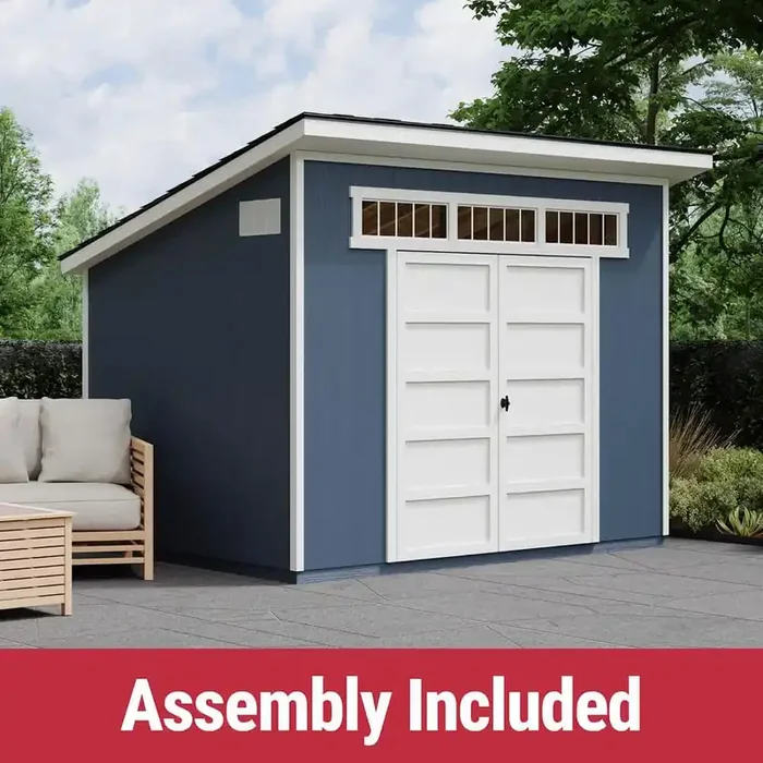 Professionally Assembled Olympia 10 ft. W x 7.5 ft. D Modern Lean-To Wood Shed with Windows Black Shingle (75 sq. ft.)