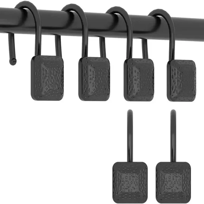 Supper Zinc Alloy Shower Curtain Rings/Hooks in Black, 12 Piece Set